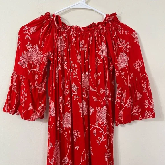 H&M Red White Floral Off The Shoulder Flounced Hem Summer Dress - Picture 2 of 9